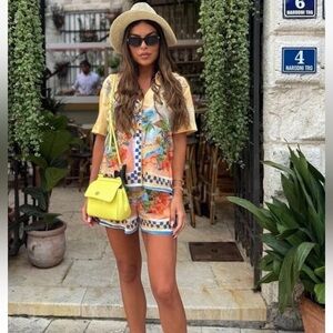 ZARA 2pc ZW Collection Printed Shirt & Bermuda Shorts Co Ord Set Size L/XL NWT